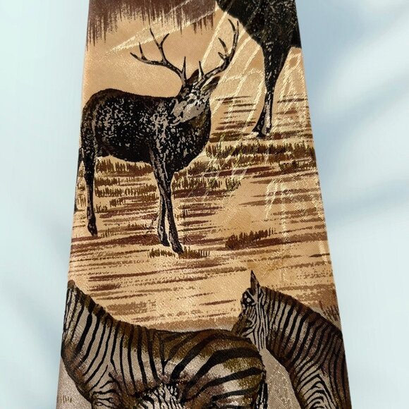 Florence & K Inc. Mens Tie Necktie Silk 4"x58" Zebra Elk Deer Gold Tan Black - Picture 3 of 7